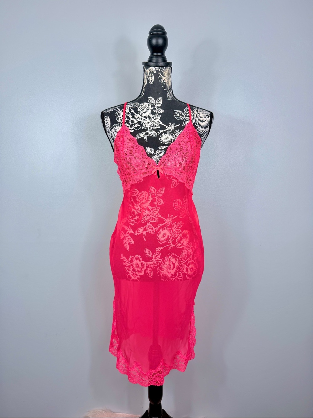 VS neon red babydoll lace sheer teddy ruched back unlined lingerie size medium
